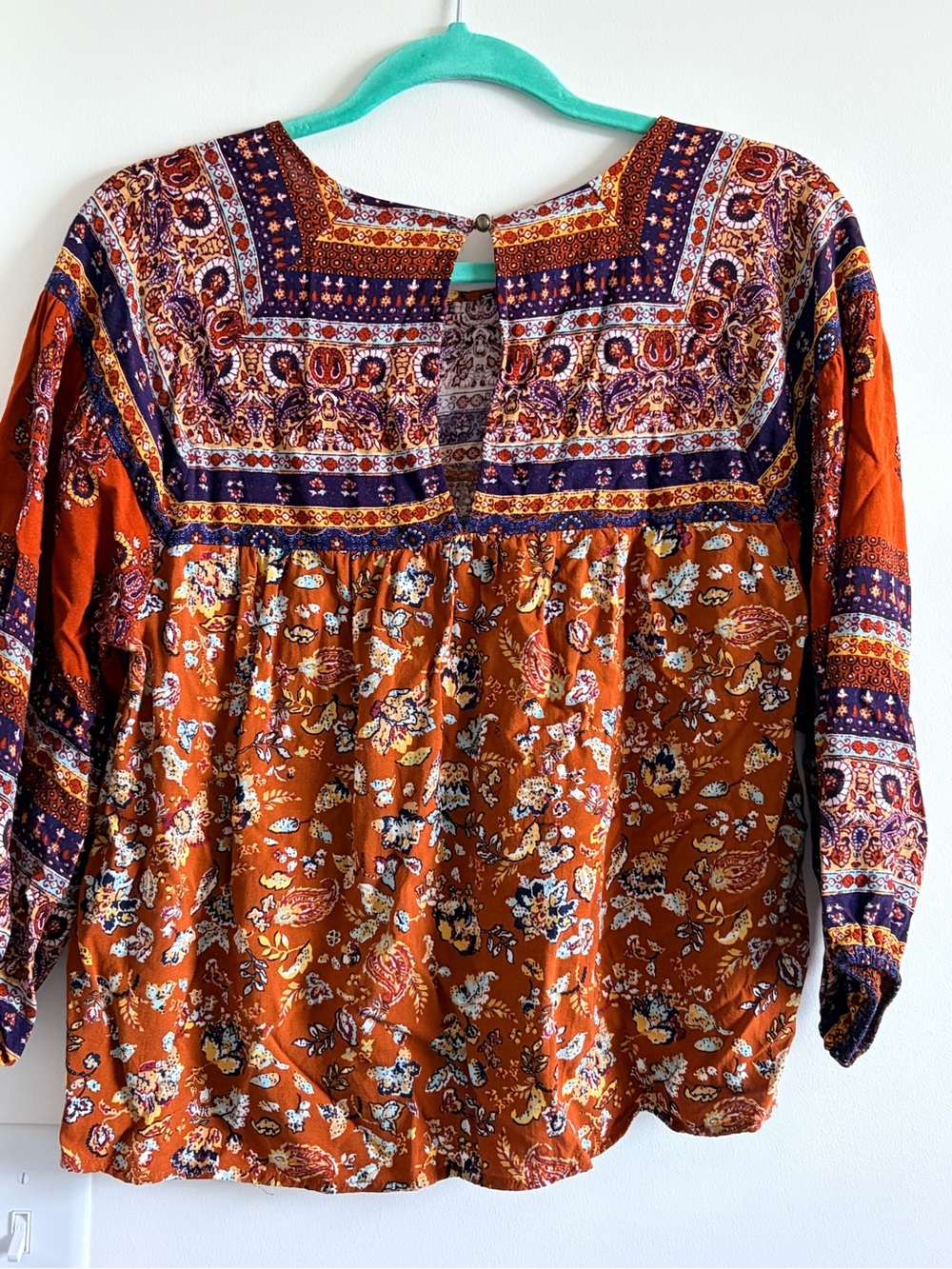 Eyeshadow Burnt Orange Floral Peasant Blouse with Navy Accents - Picture 5 of 5
